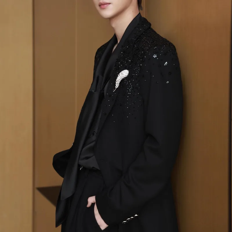 WVGA Spring Autumn New Man Heavy Starry Sky Diamond Trendy Blazer Niche Chic Casual Straight Suit Pants Two Piece Set Ins W15264