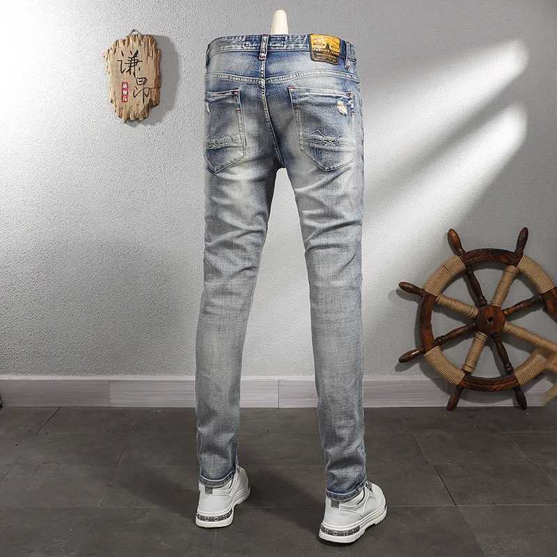 2024 New Men's Light Blue Washed Wear-White Retro Make Old Ripped Patch Jeans Men's Korean-Style Fashion Elastic Trousers