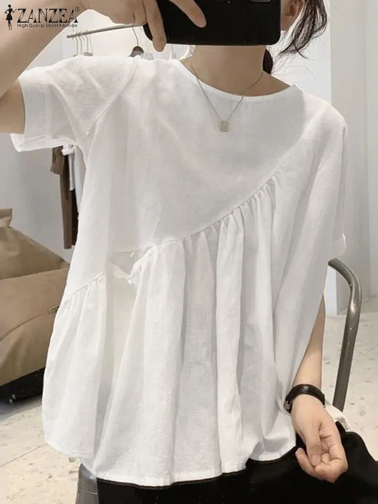 

Solid Cotton Blouse Short Sleeve Asymmetric Tops ZANZEA 2025 Women Casual Loose Pockets Pullovers Fashion Tunic Oversized