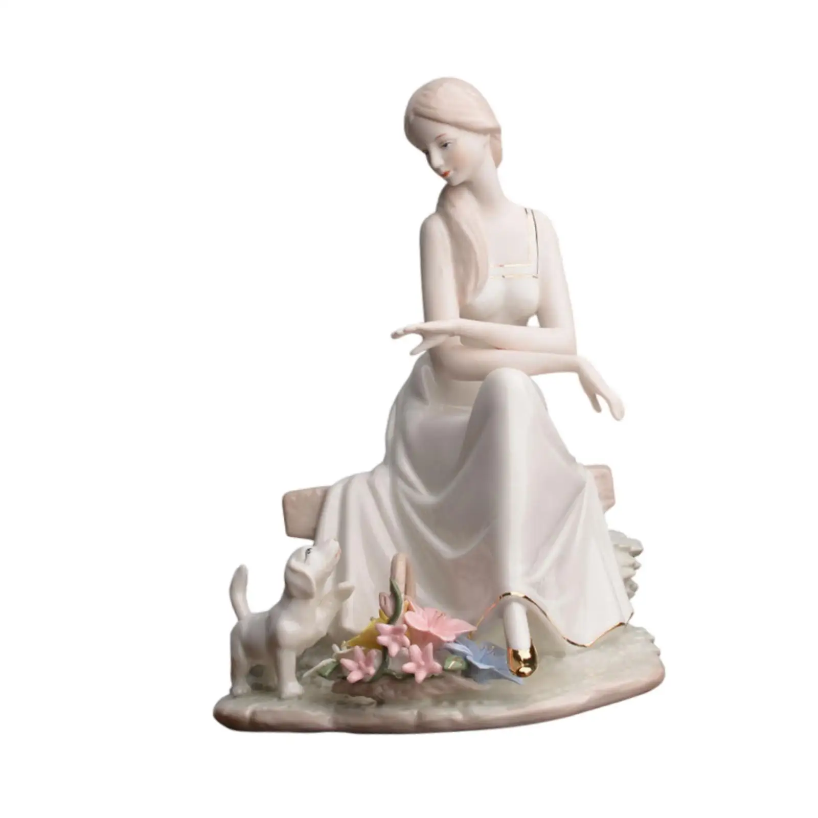 Pottery Girl Figurine Lady Porcelain with Pet Collectible Art Ware Figure Fashion Cute Ornament for Party Supplies Dog Lovers