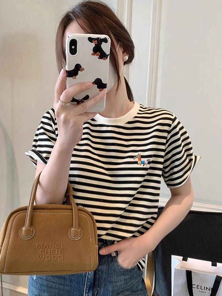 Faionable كلاسيكي مخطط ort Sve تي شيرت المرأة القطن الخالص قاعدة irt الصيف التخسيس الأعلى الكورية Sle جولة Ne