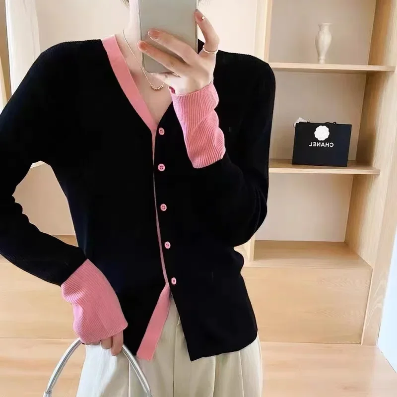 Women\'s Clothes Long Sleeve Top Korean Brand Sweater Elegant V Neck Color Blocking Slim Luxury Female Cardigan Knitting Top Tees