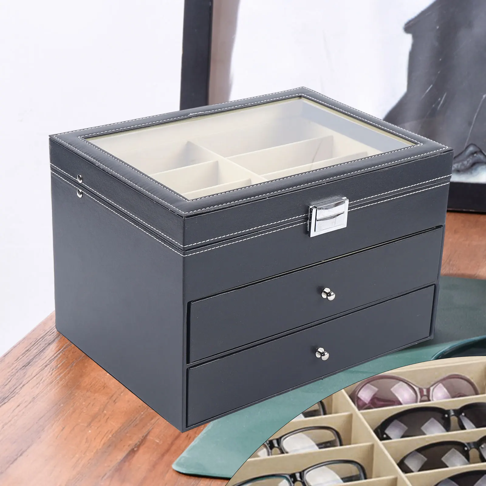 Three Level Glasses Display Case 24 Piece Large Eyeglass Sunglasses Drawer Storage Box with Key