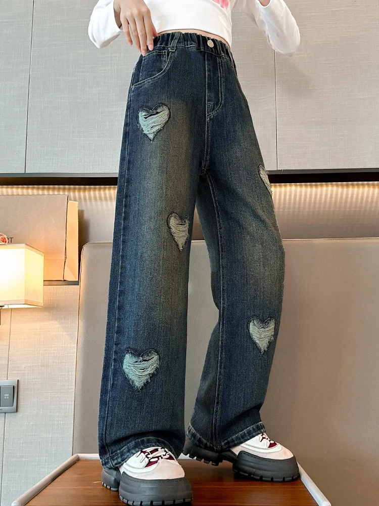 Teen Girl Black Jeans 2024 Pop Street Trendy Hole Broken Ripped heart Straight Narrow Loose Wide Leg Pants junir kids trousers