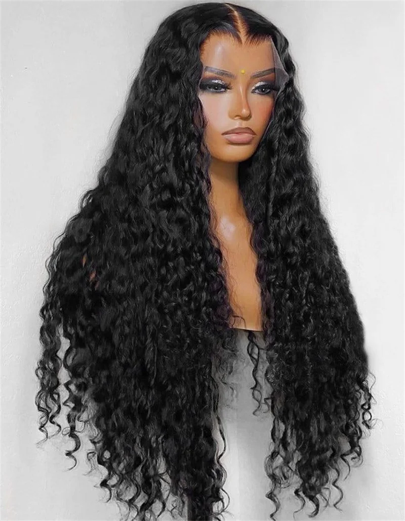 Middle part Soft Glueless Natural Black  180% 26“ Kinky Curly Lace Front Wig For Women With Baby Hair Synthetic Preplucked Daily