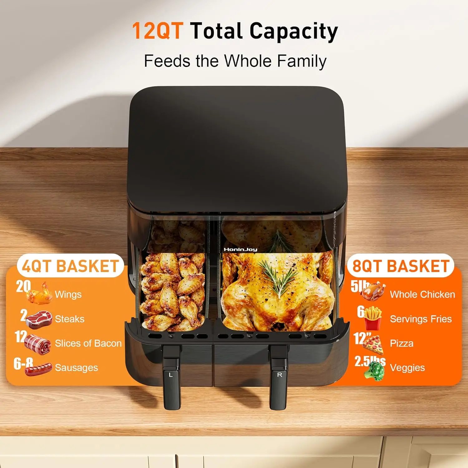 12QT Air Fryer with Dual Basket (4QT+8QT), Digital Touchscreen Double Zone 13-in-1, Includes 50pcs Paper Liners, Sync and Dual C