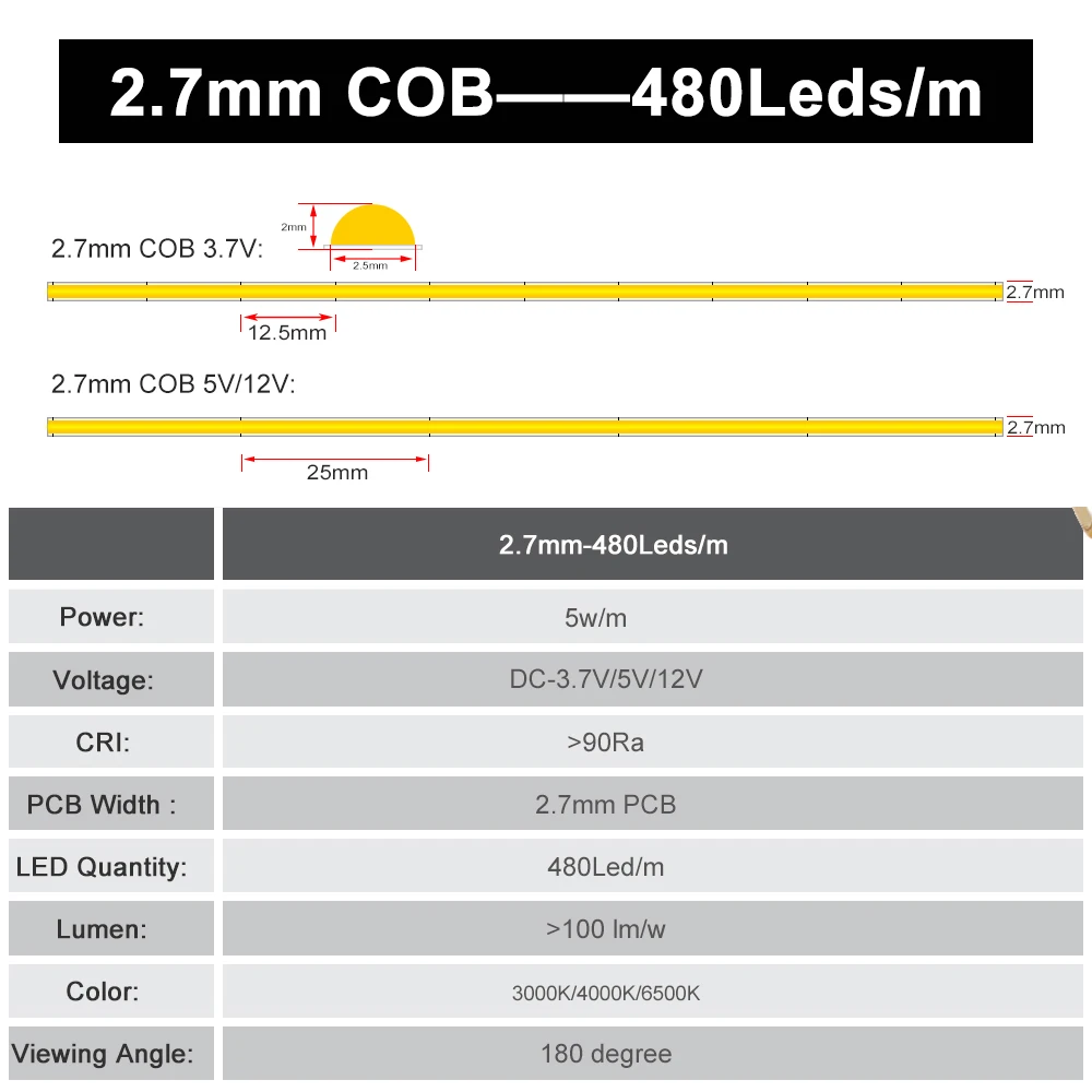 2.7mm Ultra Thin COB LED Strip 480LEDs/m High Density Flexible Super Slim FOB Light 3000K 4000K 6000K Linear Dimmable DC3.7V/5V