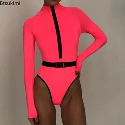 New 2026 Sexy One-Piece Surfing Swimming Suit Women Neon Zipper Long Sleeve Bathing Set Swimwear Sport Swimsuit Outfits Female