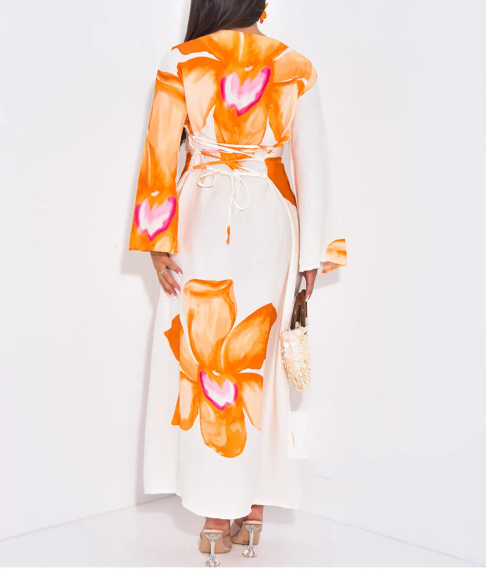 Ropa europea y americana Otoño e Invierno nueva moda vestido de manga larga estampado