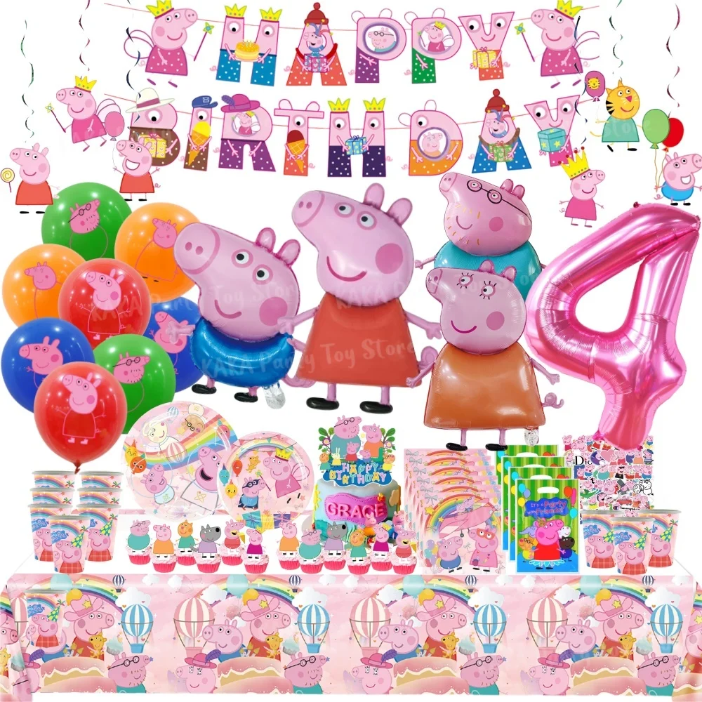 Peppa Pig Birthday Decoration Foil Latex Balloons Paper Disposable Tableware Cup Plate Baby Shower Kids Party Event Supplies Toy