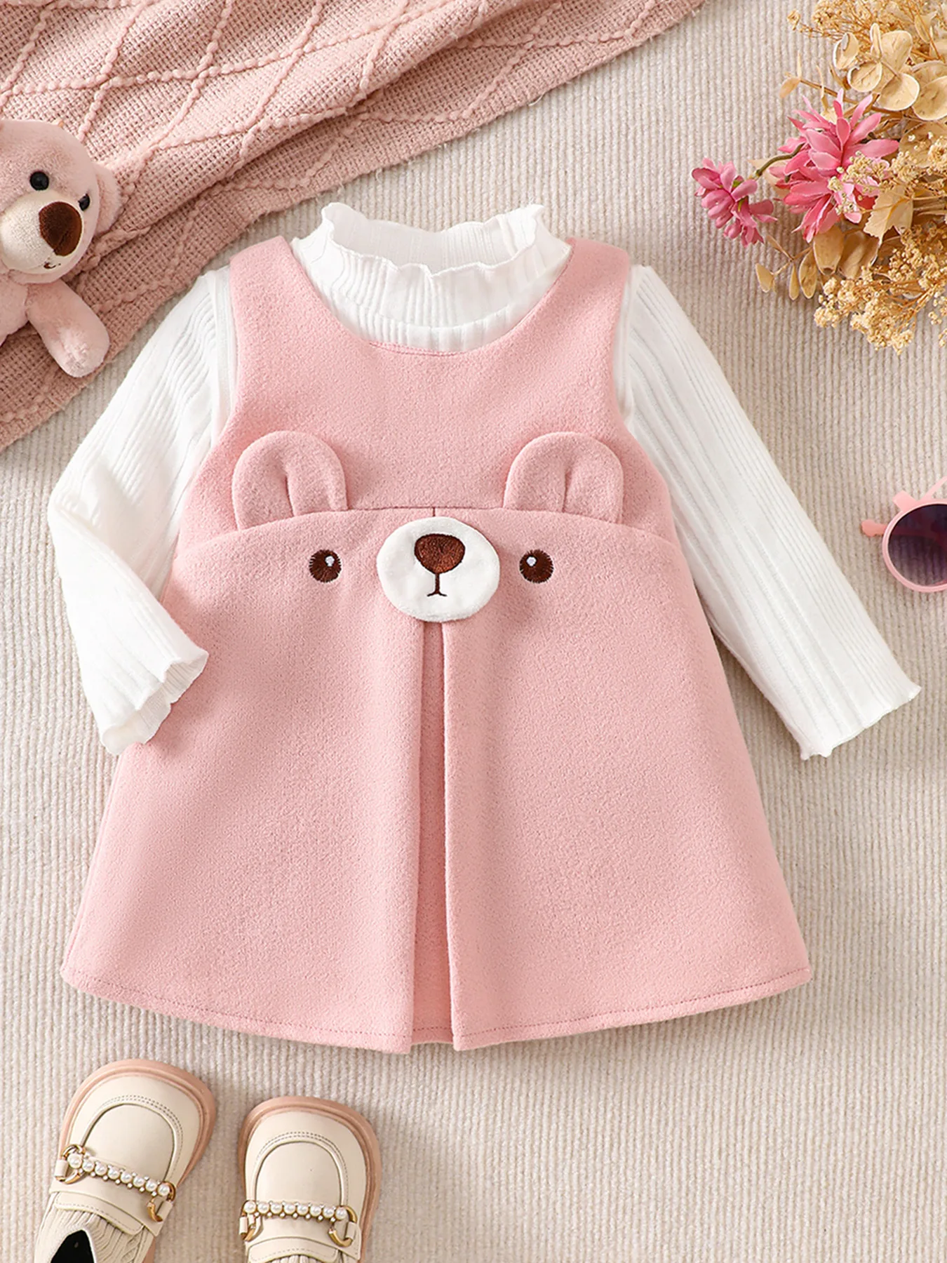 Baby Girl Woolen 3D Bear Two-Piece Set｜Cute 3D Bear Vest Dress + Ribbed Long-Sleeve Undershirt, Simple and Playful, Warm and Versatile