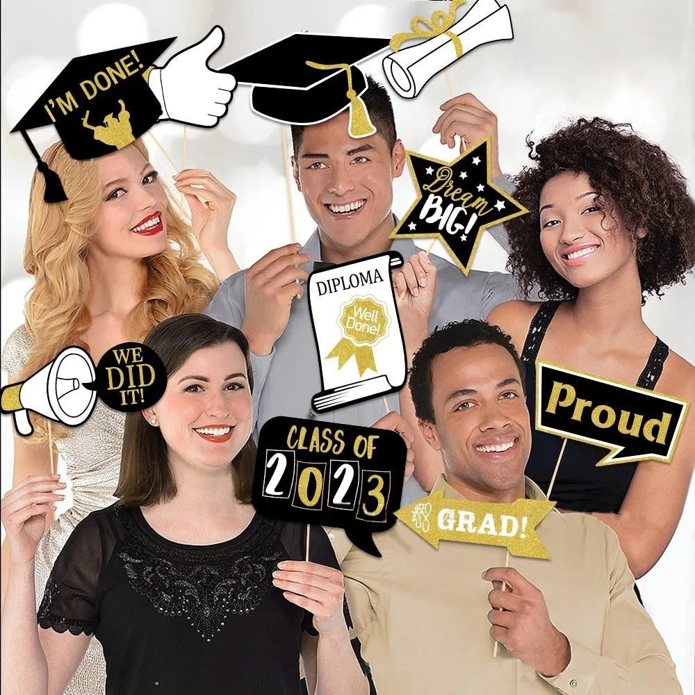 25pcs/set Congrate Graduation Selfie Photo Booth Props Paper Bachelor Cap Holder with Stick for Class Of 2023 Graduation Reunion