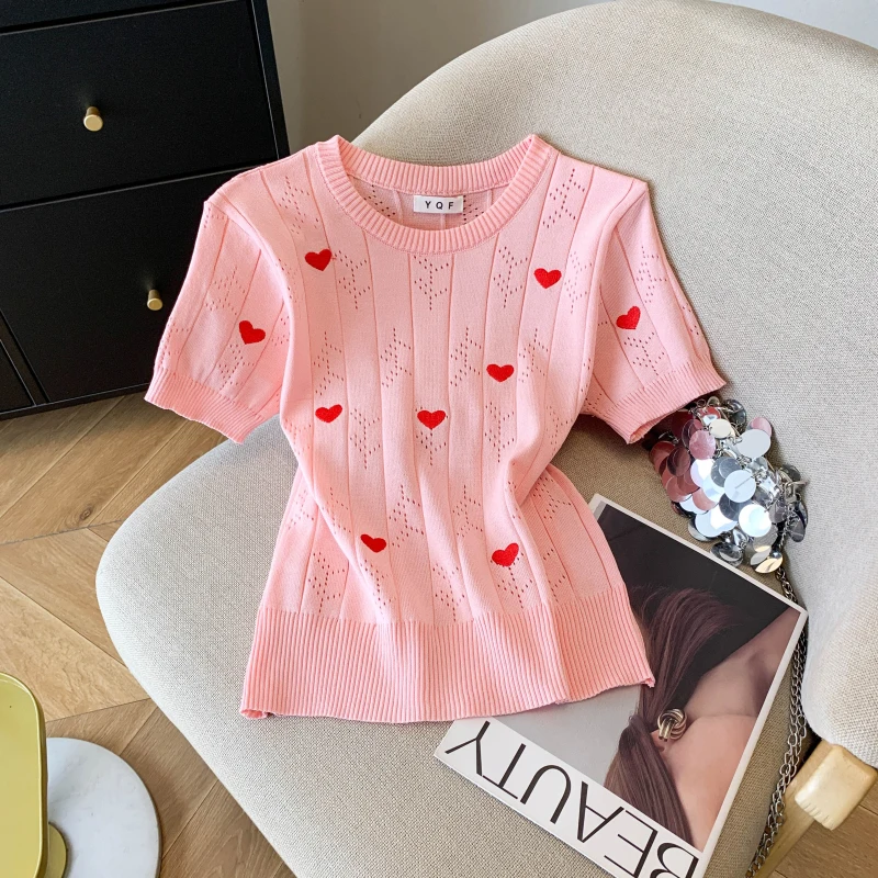 Women's White T-shirt Heart Pattern Crew Neck Short Sleeve Tee Top Y2K Gyaru Knitwear Vintage Korean Style T-shirt Summer 2026