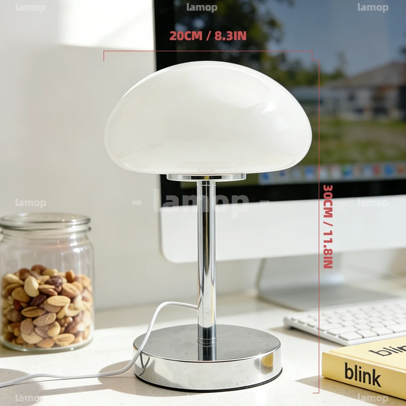 Mushroom‑Dome Glass Table Lamp,Multi‑Gear Light Effect,Wood‑Cream Style Lamp for Large‑Space Living Side Table