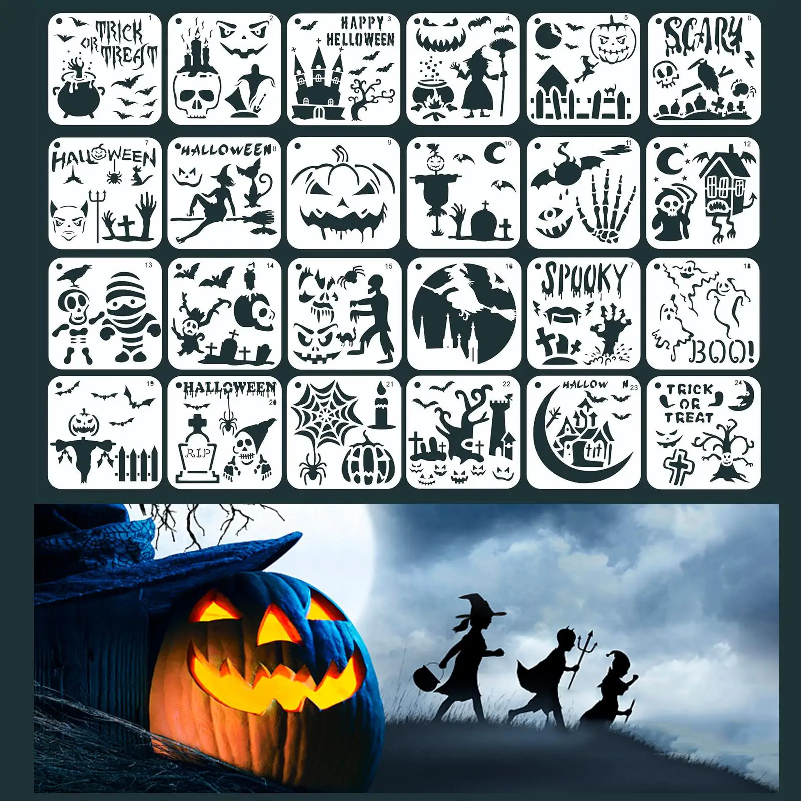 24x Pumpkin Bat Halloween Stencil Template Craft Stencils Set DIY