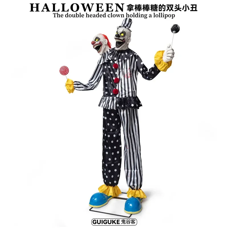 Large Electric Induction Clown Decoration Halloween Haunted House Prop Luminous Double Head Scary Figure Party Room Ornament