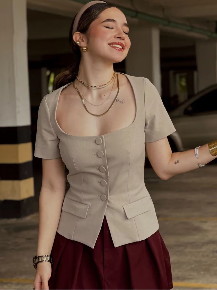 HXAO Women\'s Vest Square Neck Top Fashion Woman 2024 Tanks Camis Female Vests Top Outerwears Short sleeve Ladies Waistcoat