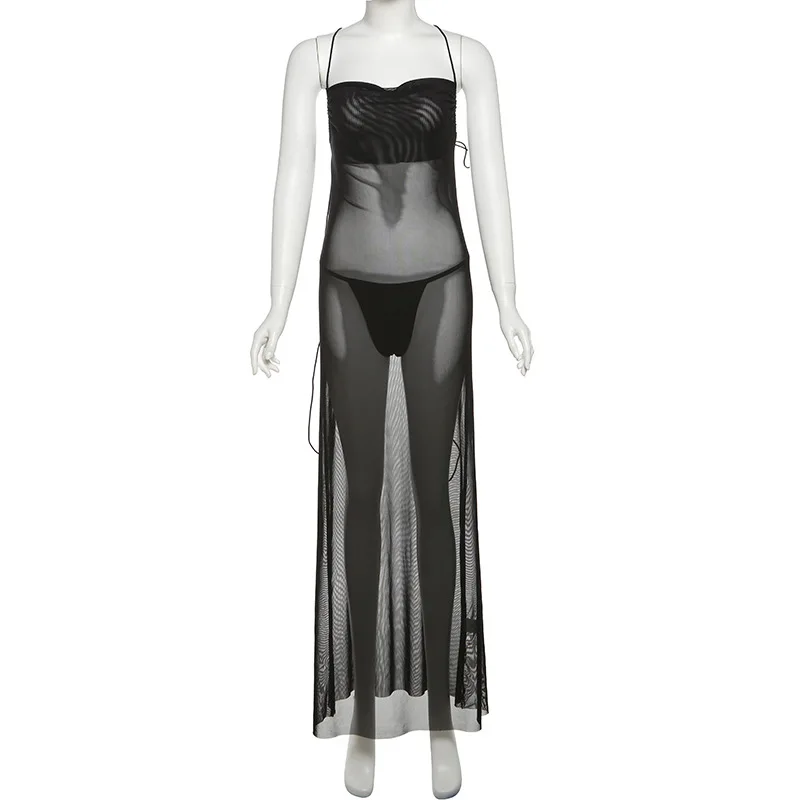 Solide Mesh Durchsichtig Strand Strap Kleid 2025, Sommer Neue Sexy Backless Hohe Taille Hüfte Wrapping Vestidos Cover Up