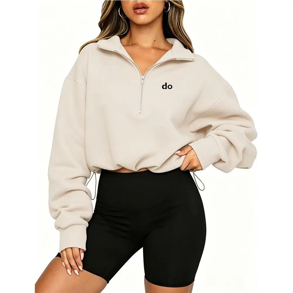 2026 Solid Color Half-Zip Collar Short Sleeve Women's Loose Pullover with Adjustable Waist and Long Sleeve Fitness/Walking Suit