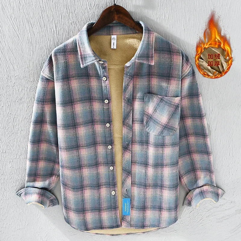 

Japanese Fashion Plaid Shirt Men New Mens Winter Shirt Streetwear Casual Thick Shirts Cotton Pocket Fleece Shirt Casual Warm Top
