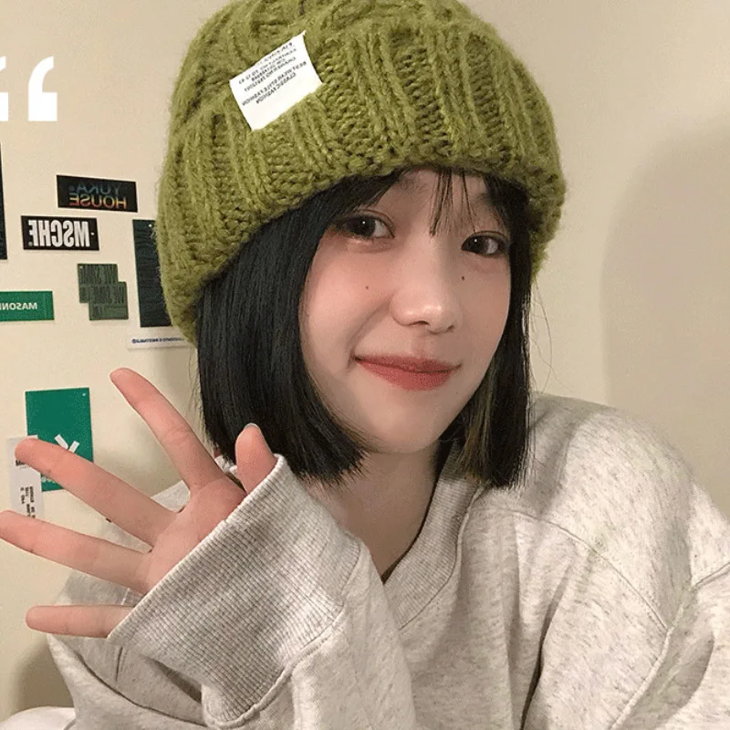 2024 New Hat Women\'s Coarse Knitted Knitted Wool Hat Autumn and Winter Versatile Big Head Circumference Green Loose Ins Trendy F