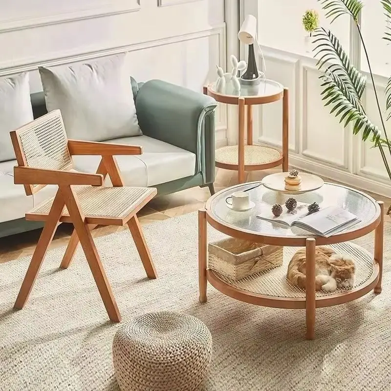 Nordic Living Room Tables Small Apartment Nordic Solid Wood Rattan Weaving 2-layer Round Simple Tempered Glass Coffee Table