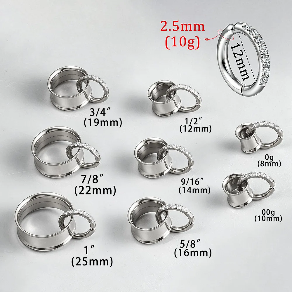Casvort 2er-Set Edelstahl-Ohr-Tunnel mit Schraubverschluss und Zirkonia-Klappring, Ohr-Plugs, Expander, Piercing-Schmuck – Detail 10
