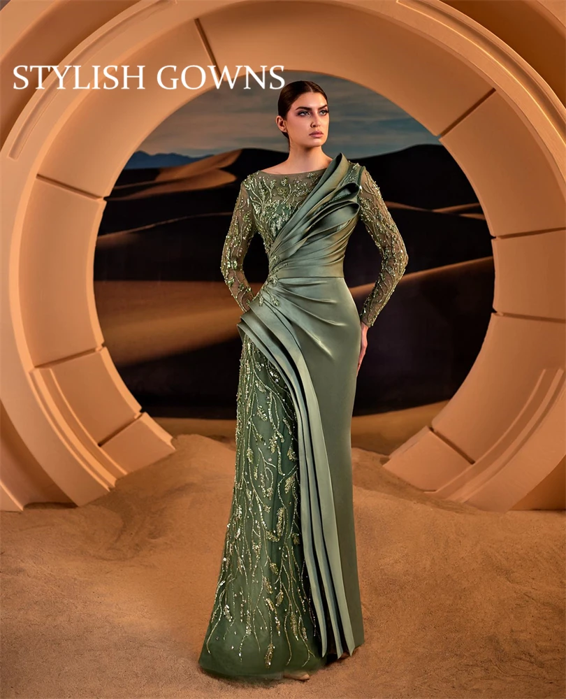 Luxury Green Beaded Pleats Evening Dresses 2025 Vestido Prom Dresses Saudi Arabi Weeding Dress Women فساتين سهرة Customized