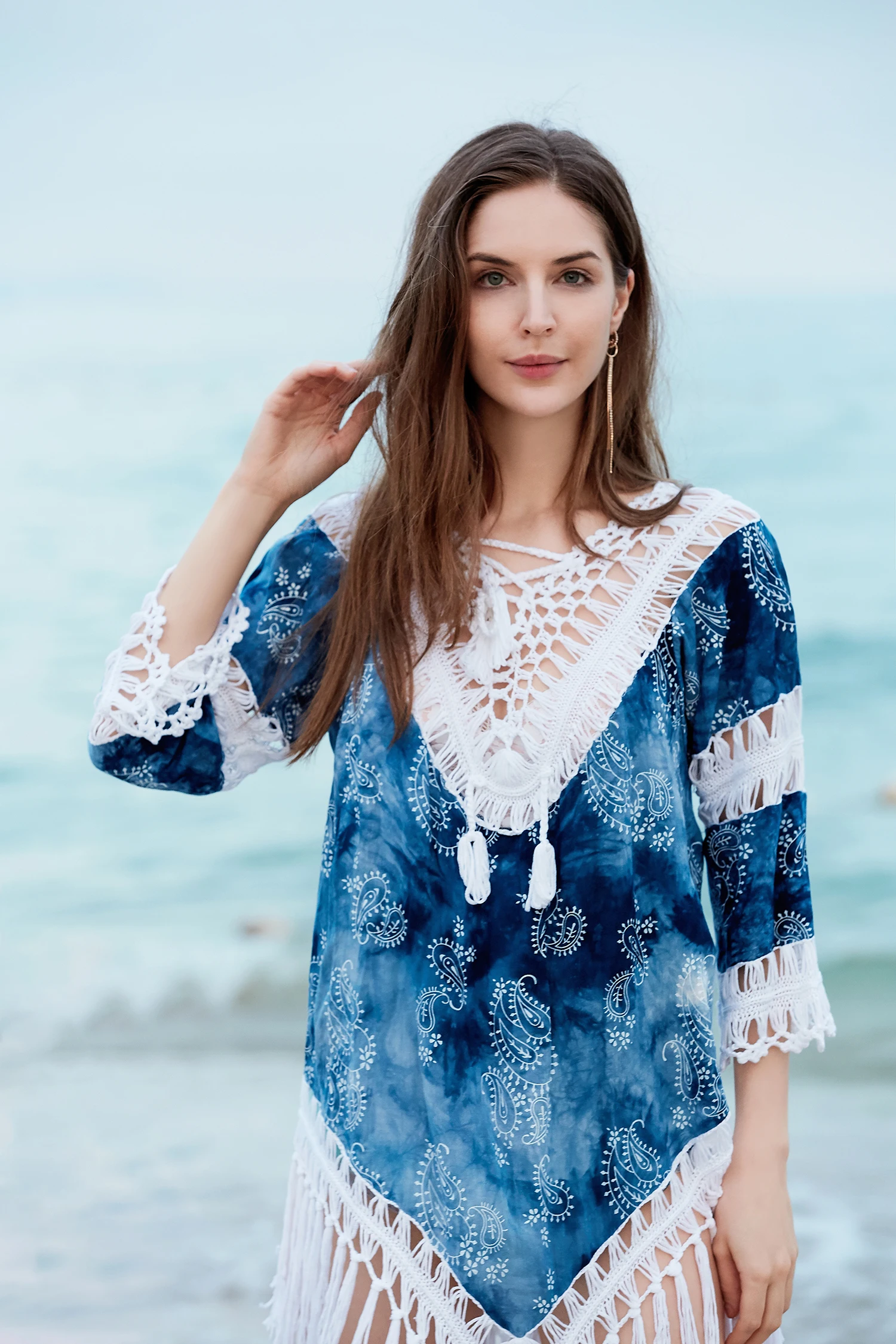 Retro Blau Gedruckt Frauen Sommer Strand Kleid Bikini Cover-up Hohl Hand Häkeln Patchwork Spitze-up Quasten Mini kurze Beachwear