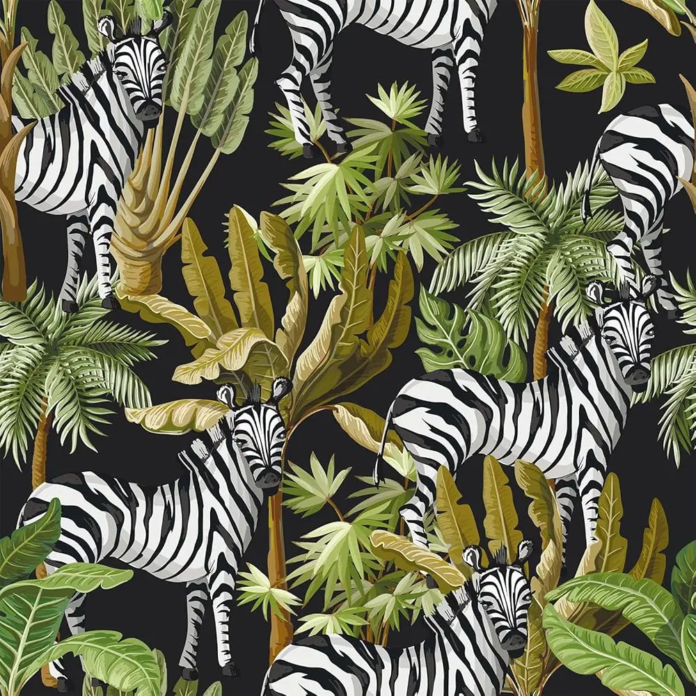 

Jungle Zebra Wallpaper 17.7''X354'' Tropical Palm Tree Zebra Peel And Sti Wallpaper Removable Self Adhesive Decorative Bla