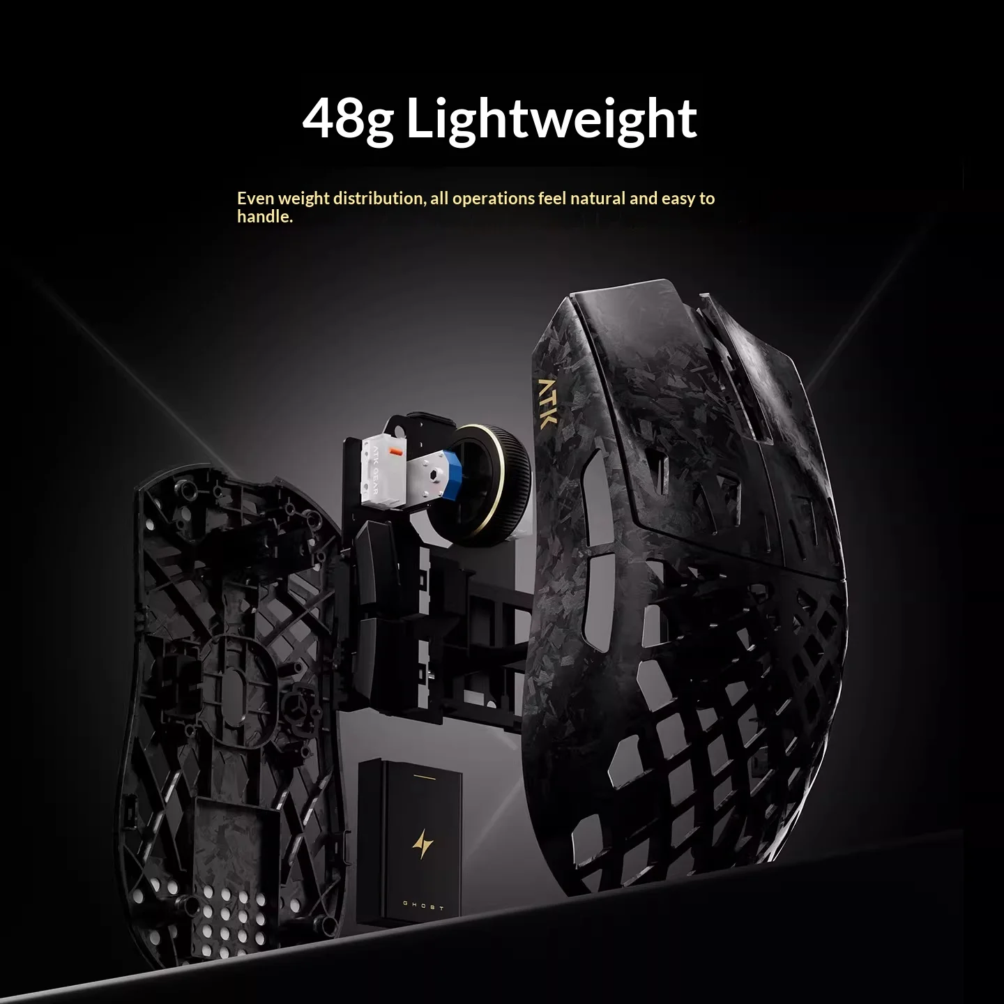 Mysz gamingowa ATK GHOST z włókna kompozytowego, bezprzewodowa, Bluetooth, z wydrążonym korpusem, lekka, z czujnikiem Paw3950, dla graczy FPS, do gier typu Valorant.