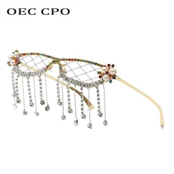 Fashion Tassel Diamonds Sunglasses Women Luxury Rhinestone Crystal Sun Glasses Female Steampunk Mesh Shades No Lens Eyewear