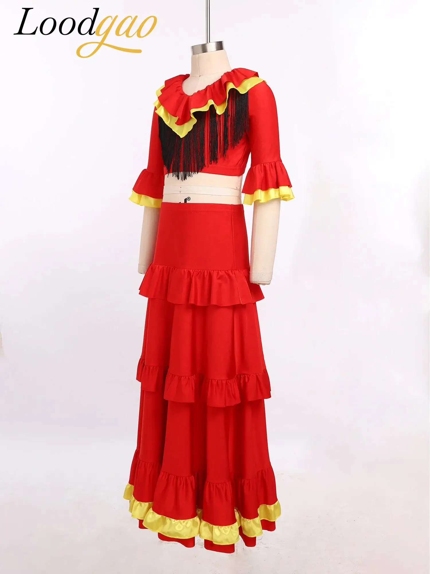 

Платье для девочек в стиле бальных танцев с рюшами, костюм для фламенко, детский народный костюм для испанского танца фламенко, наряды для испанских и мексиканских танцев, юбки и костюмы в испанском и мексиканском стиле