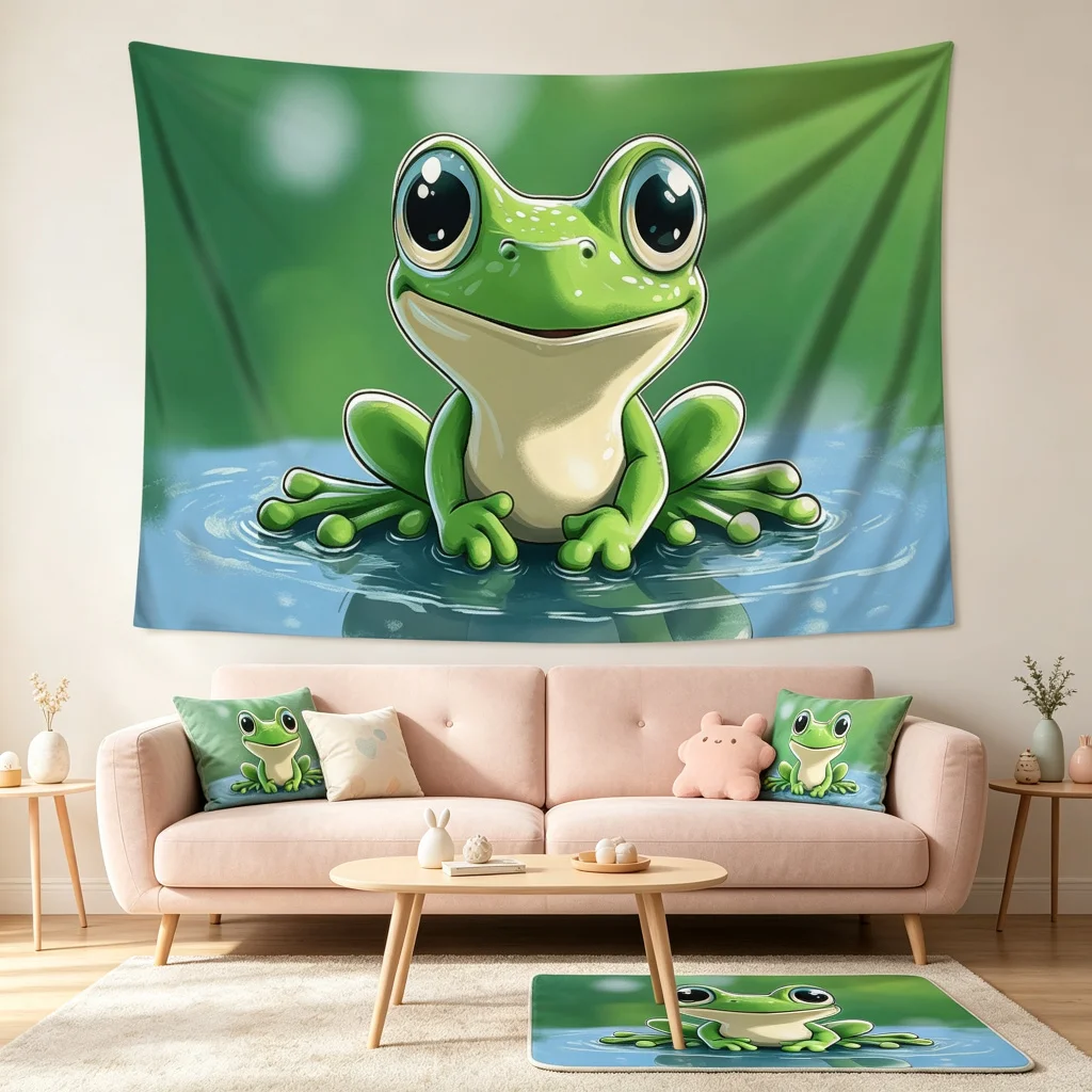 1PC Cute Cartoon Frog Art Print Backdrop Banner, Bedroom Living Room Photo Background, Polyester, Home Decor, Wall Art