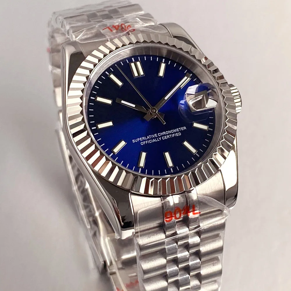 ที่กําหนดเอง 36 มม./39 มม.NH35 นาฬิกาสําหรับชาย Lady Stick ดัชนี Sapphire คริสตัล Fluted FIXED BEZEL สร้อยข้อมือเหล็ก Solid/แก้วกลับ