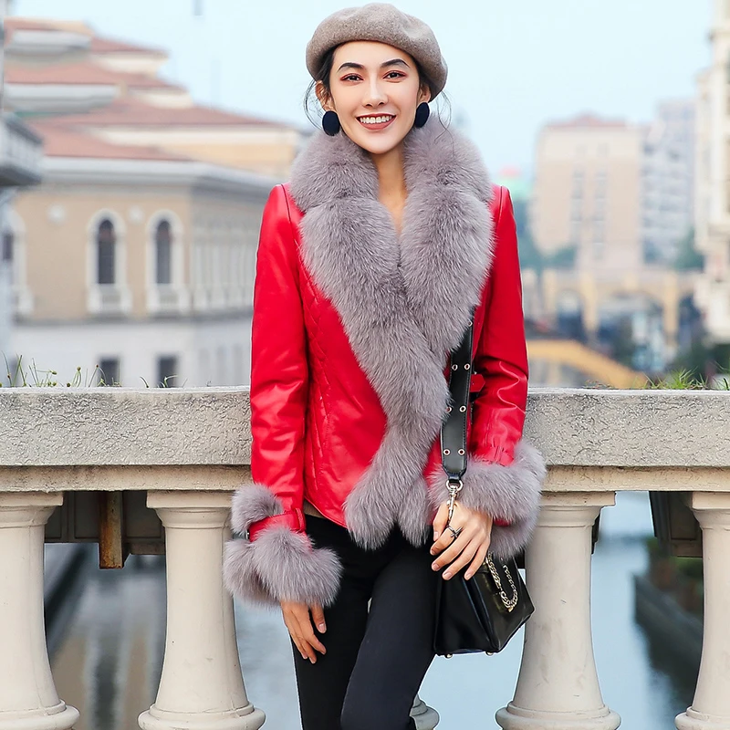 2022 winter fashion women real sheepskin leather coat with big fox fur collar ladies female leather new outfit jacket