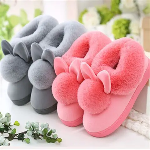 

Ladies winter slippers warm cute cotton slippers indoor home couple comfortable floor platform cartoon rabbit shoes
