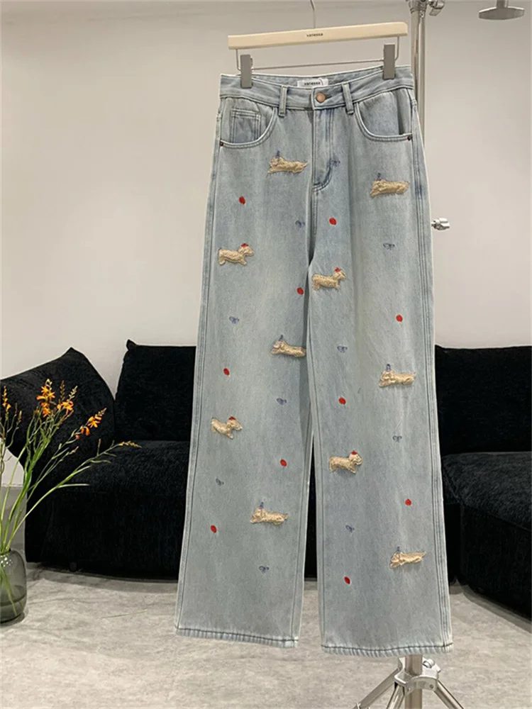 

Cisas, широкие джинсы с вышивкой из мультфильма на подкладке, большие размеры, женские свободные утягивающие брюки длиной до пола