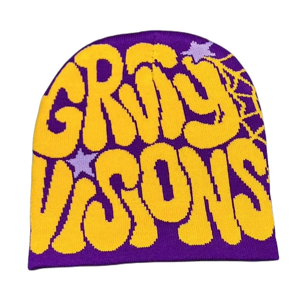 قبعة حياكة صوفية قوطية مع طباعة حروف ، قبعة هيب هوب دافئة ، غطاء رأس خارجي ، قبعة صغيرة Y2k ، قبعة أكريليك