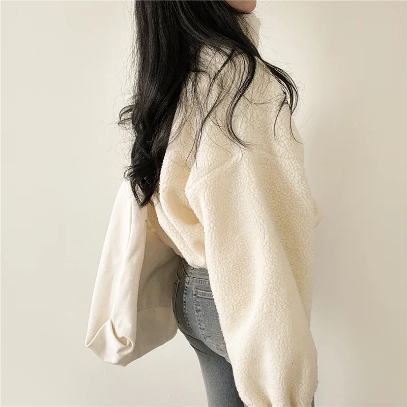 Koreanischer Stil Stehkragen-Hoodie mit Reißverschluss Übergroßer Damen-Hoodie für Herbst/Winter Lammwolle Langarm-Freizeitoberteil Y2K Streetwear-Stil – Detail 4