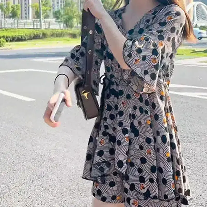 Female Sweet Stylish Polka Dot Printed Matching Sets Summer Two Piece Set Casual Ruffles Drawstring Elegant V-Neck Dress Sets