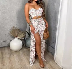 Printed Two-piece Sets Woman Summer 2024 Sexy Pleated Ruffled Edge Dress and Sleeveless Vest Suit for Female New Streetwear