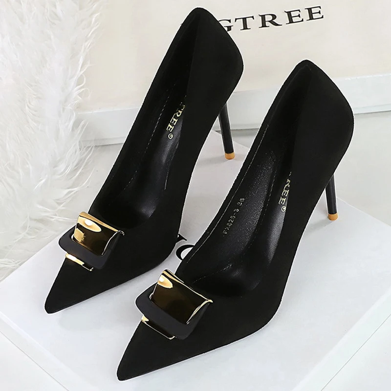 BIGTREE Shoes Metal Buckle Decoration Women Pumps Suede High Heels Ladies Shoes Stilettos Luxury Women Heels Shoes Large Size 43