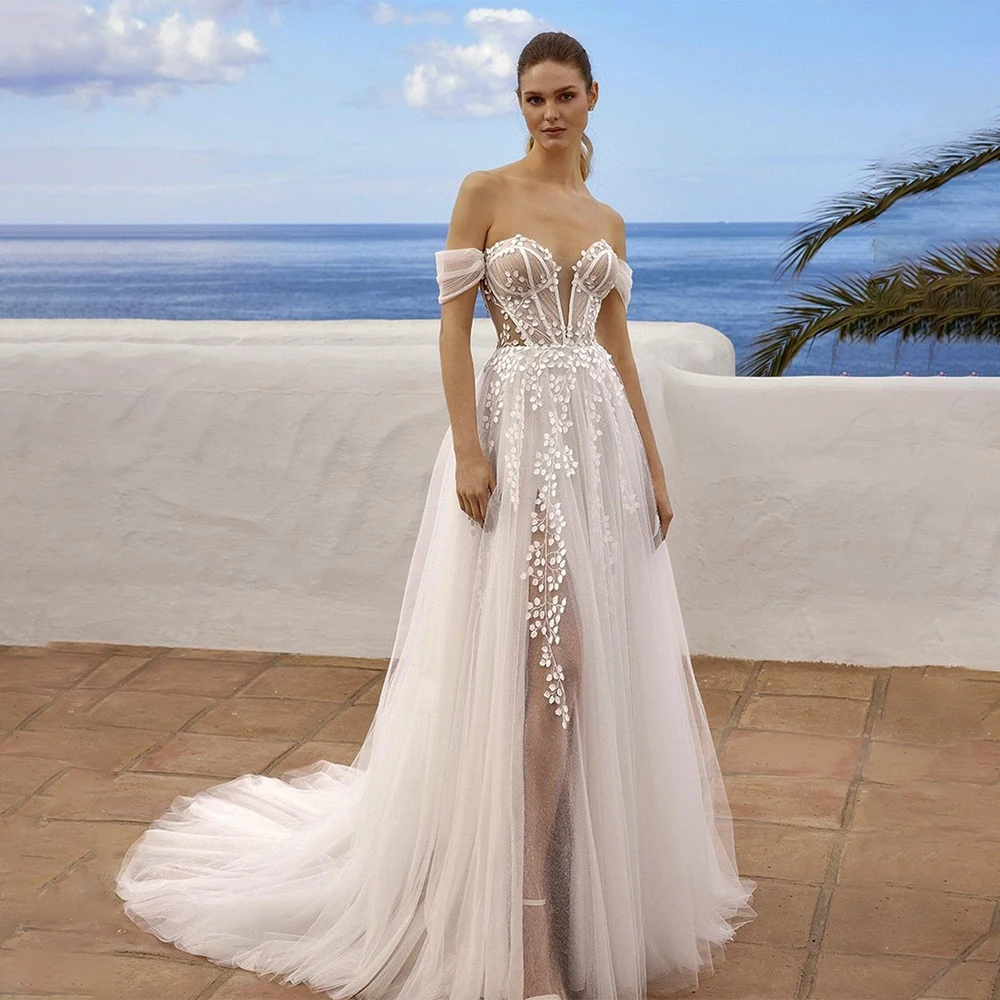 Encantador fuera del hombro Sweethart 3d flor encaje Boho playa una línea vestidos De novia con abertura lateral hecho a medida 2025 Vestido De noiva