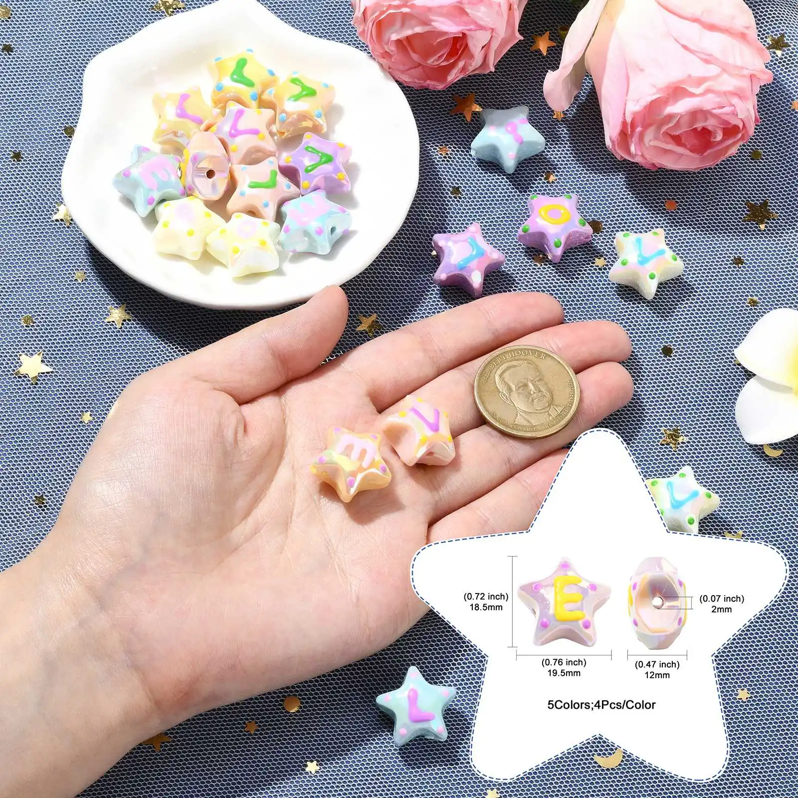 20Pcs 18mm Enamel Acrylic Star Beads Handdrawn Acrylic Star Shape with letter Beads Cute Bubblegum Beads for DIY Jewelry Making