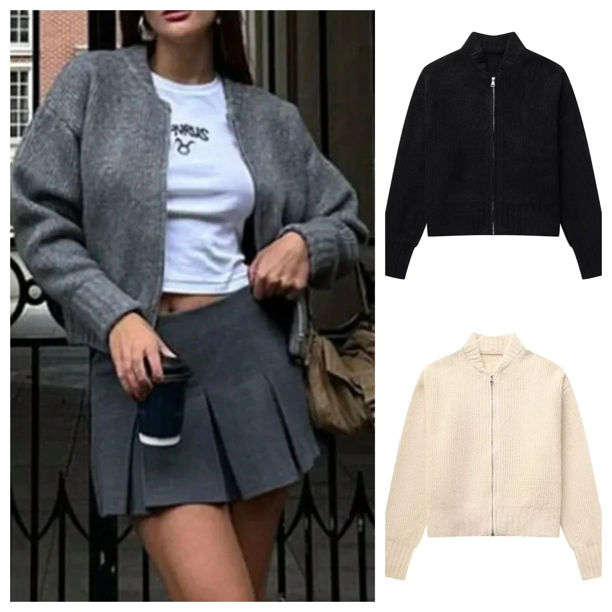 

Женское винтажное однотонное пальто с длинным рукавом и круглым вырезом, свитер, куртка 2024, весенний женский повседневный свитер на молнии, пальто