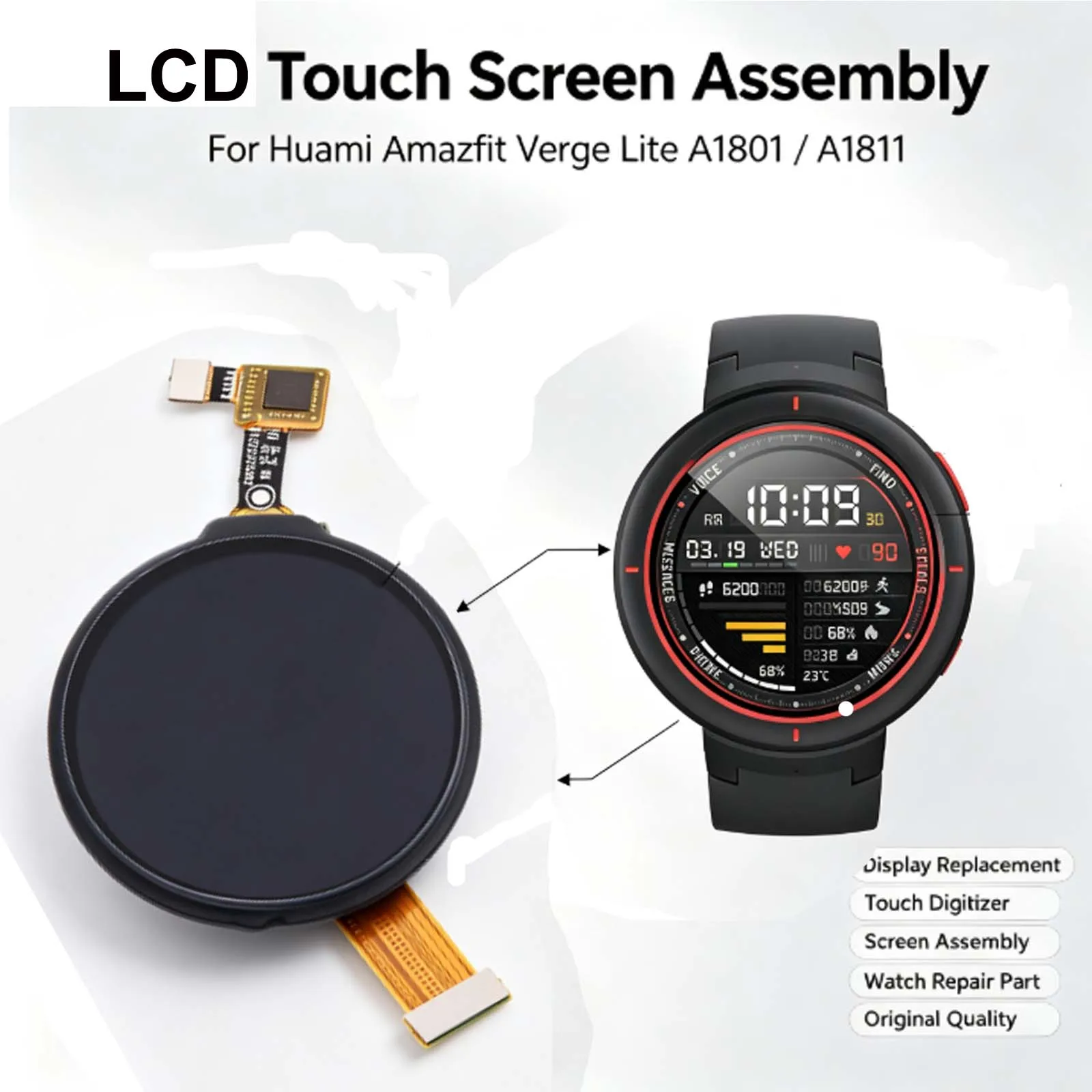 LCD Screen for Huami Amazfit Verge Lite A1801 A1811 with Digitizer Full Assembly Watch LCD Screen Repair Replacement Part