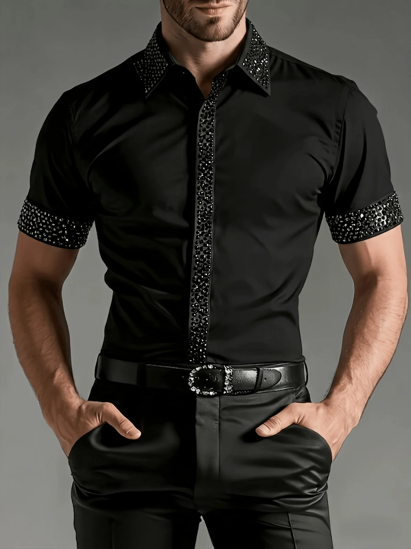 Men's Black Short Sleeve Shirt Rhinestone Decor On Collar Placket Cuff Slim Fit Formal Men Business Shirt Top For Summer Party