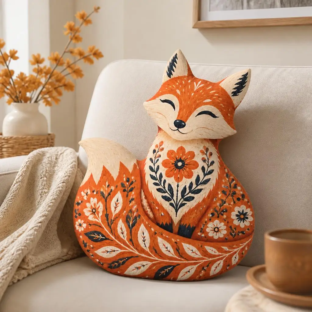 Cute Folk Art Fox Shaped Pillow Floral Woodland Animal Cushion Stuffed Throw Pillow for Sofa Living Room Home Decor Gift