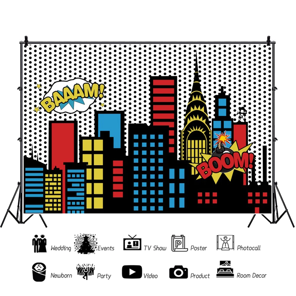 Superhero Baby Shower Birthday Backdrop City Building Super Hero Party Photography Background Photo Studio Custom Name Banner